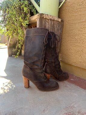 Women's Brown Lace-Up Mid-Calf Heeled Boots